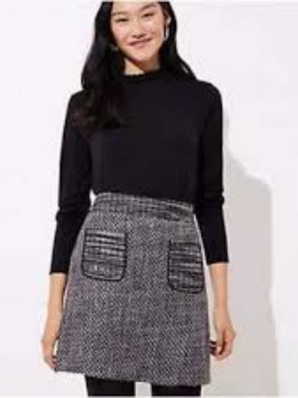LOFT Black White Grey Metallic Boucle Tweed Patch Pocket Short Skirt Sz 6